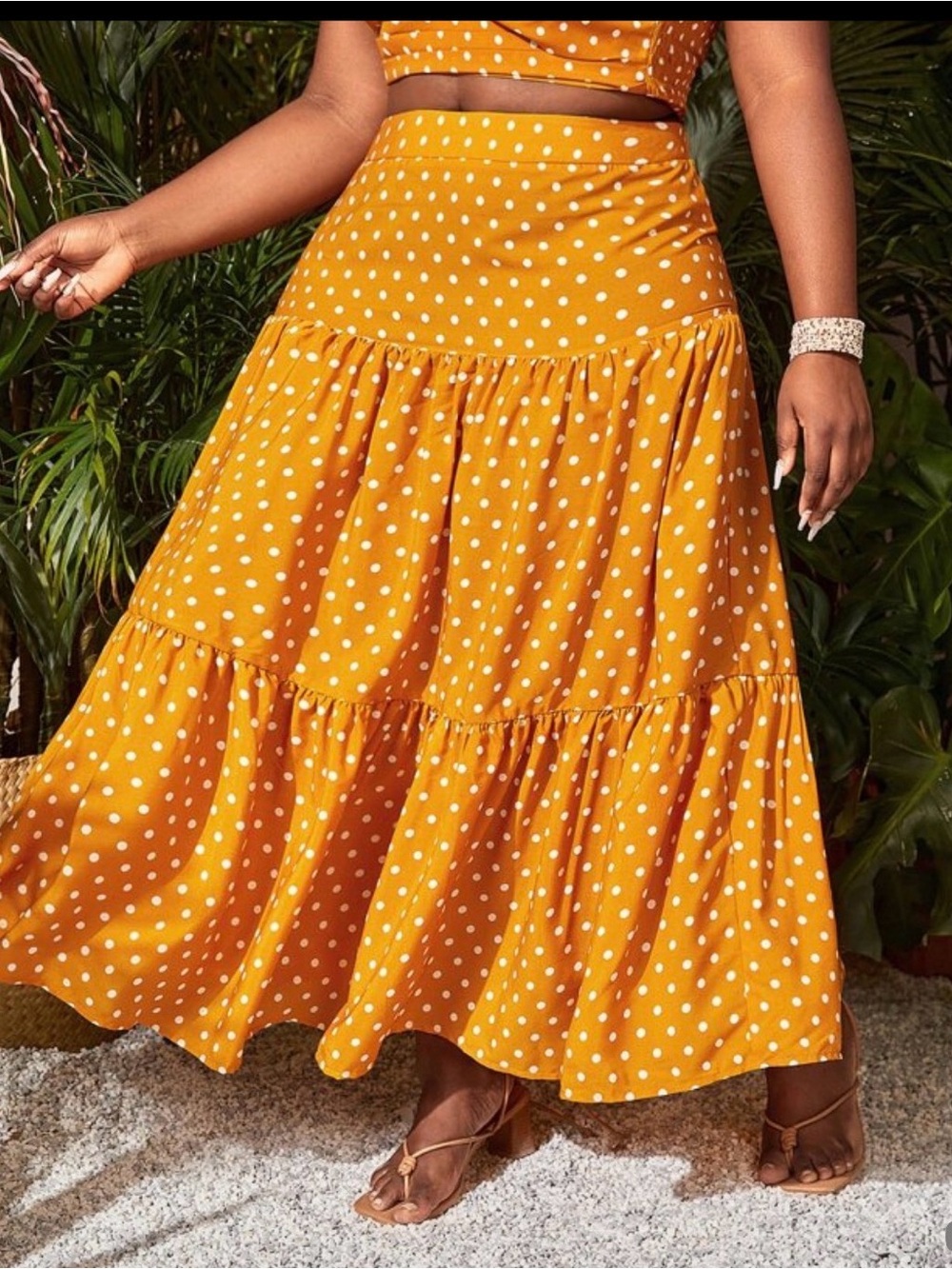SHEIN Mustard Yellow Polka Dot Tiered Maxi Skirt